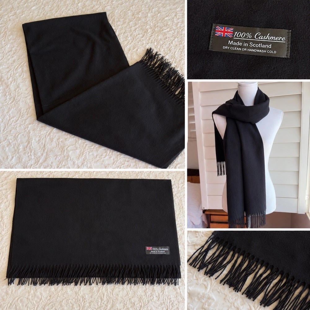 100% Cashmere Scarf Black Made Scotland Unisex Fringe Wrap Muffler Luxury 74x27